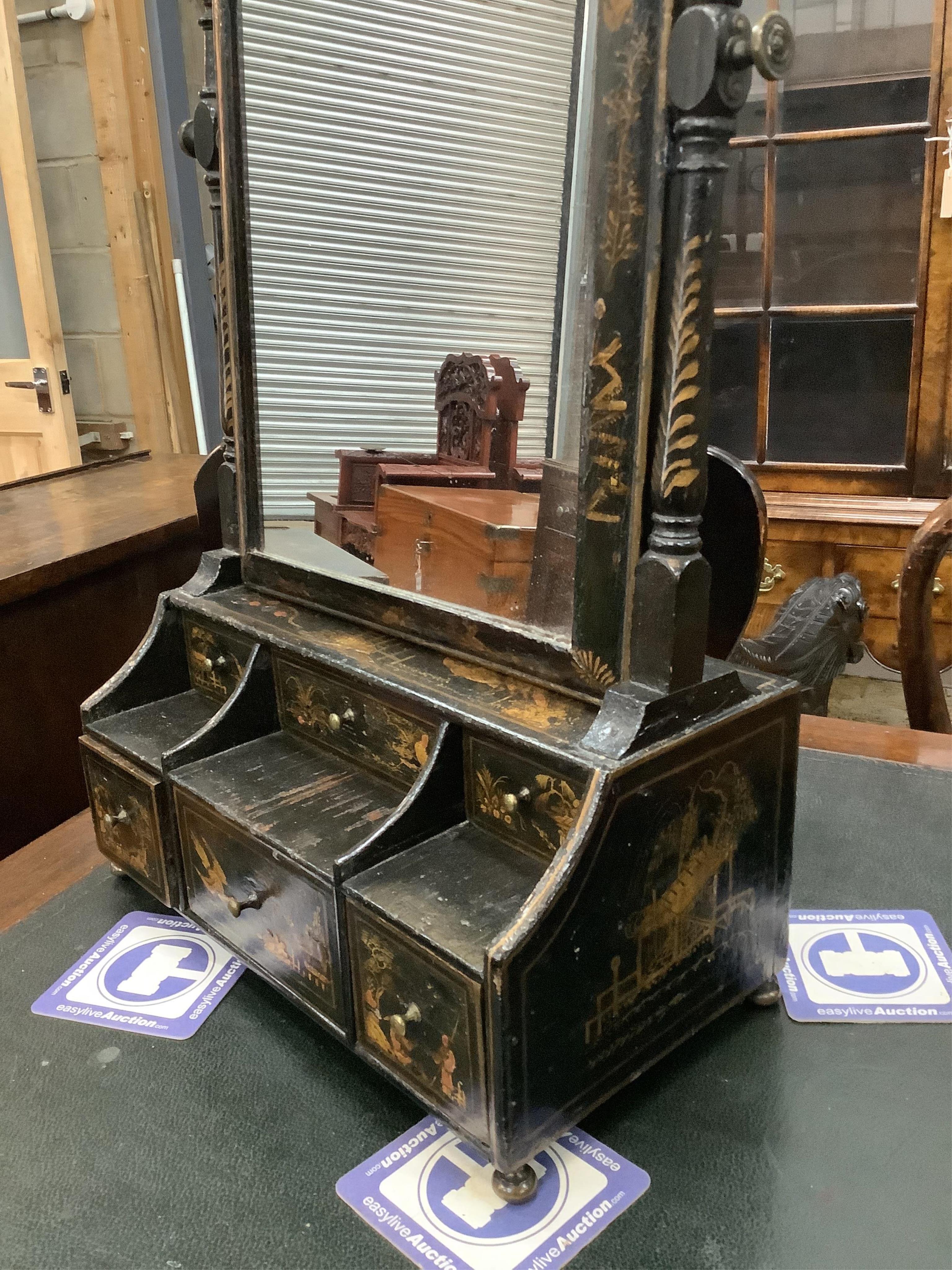 A Queen Anne chinoiserie japanned pine toilet mirror, with six drawer base, width 36cm, height 78cm. Purchased from The Antique Home, Kensington Church St., London, 10th September 1969 for £165. Condition - fair to good